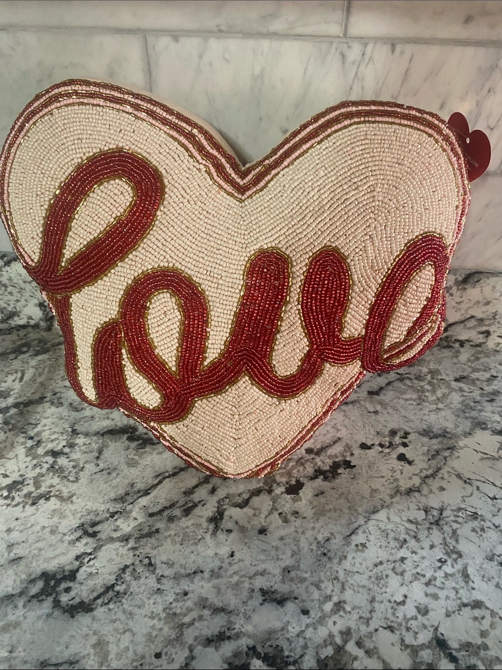 Beaded Heart Pillow with Red 'Love' Script